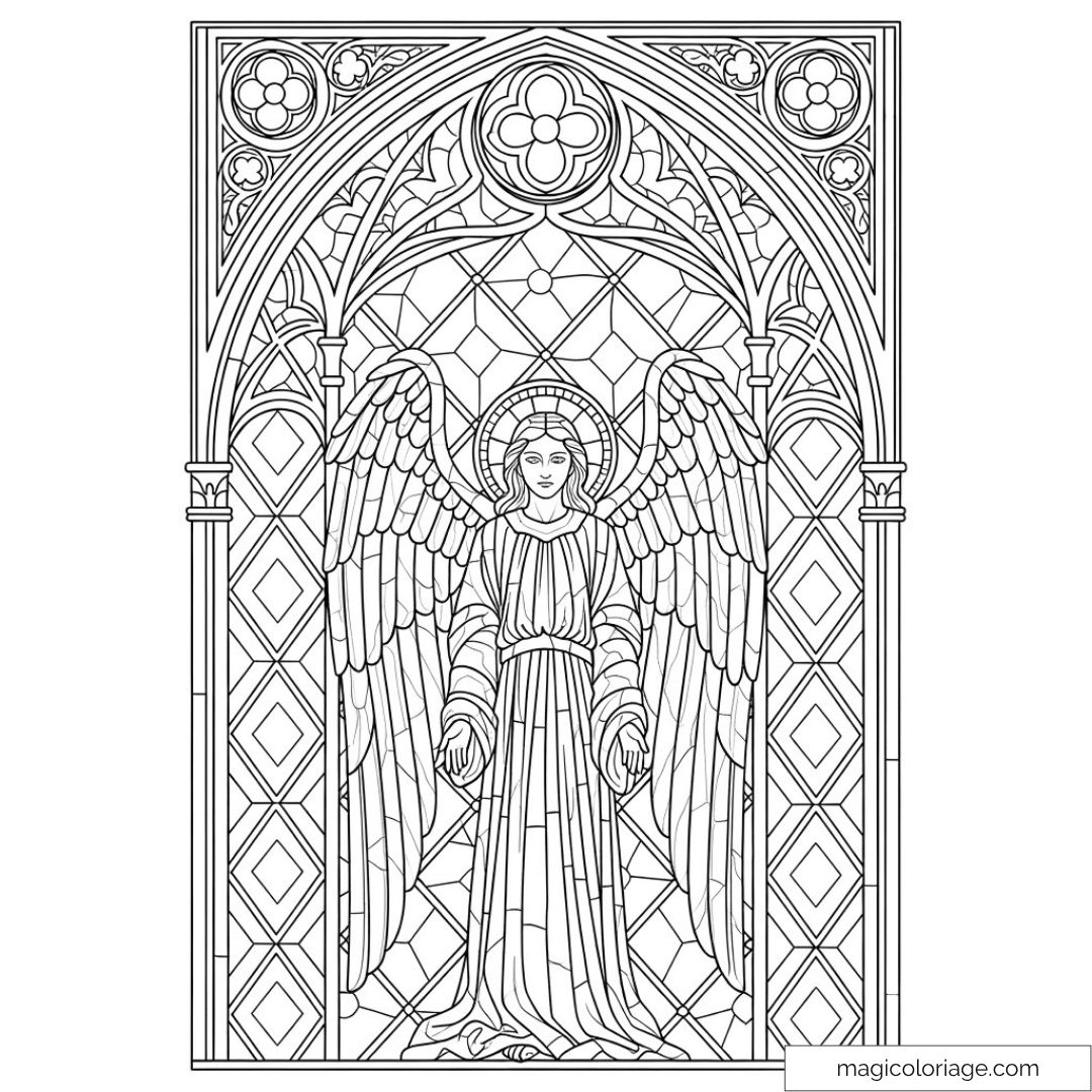 Dessin de vitrail représentant un ange avec des ailes détaillées et un fond géométrique raffiné.