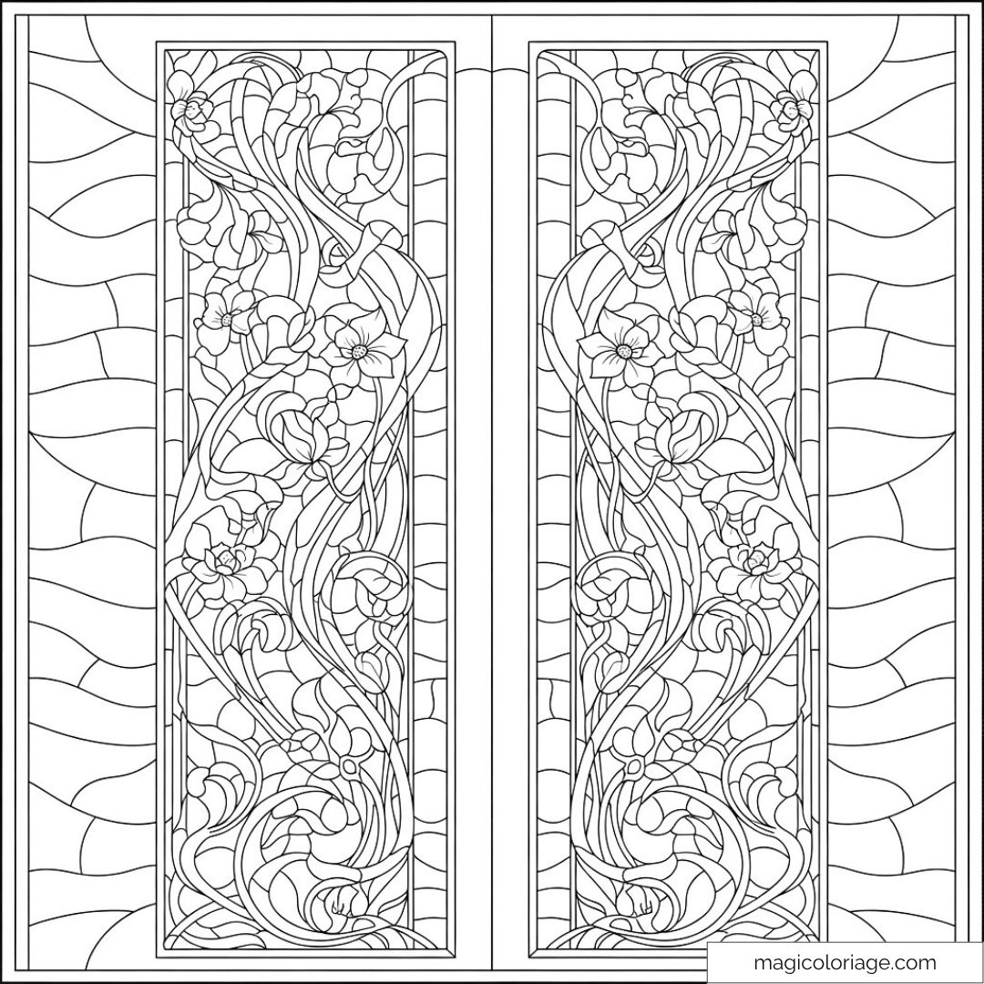 Dessin de vitrail floral détaillé avec motifs ondulés et fleurs.
