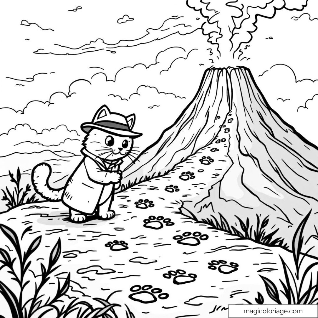 Chat détective avec chapeau devant un volcan en fumée.