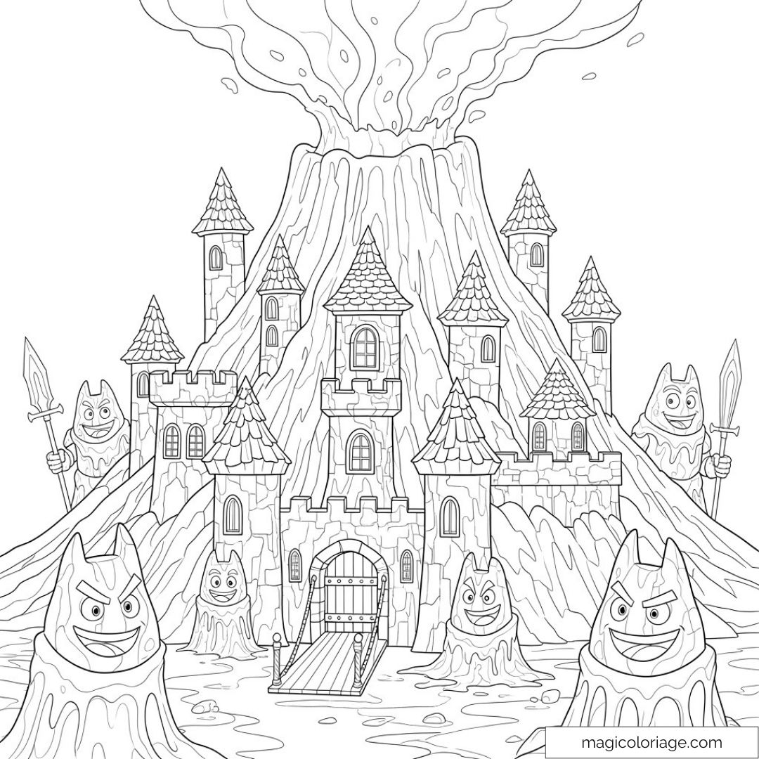Château médiéval avec volcans et créatures mythiques à colorier.