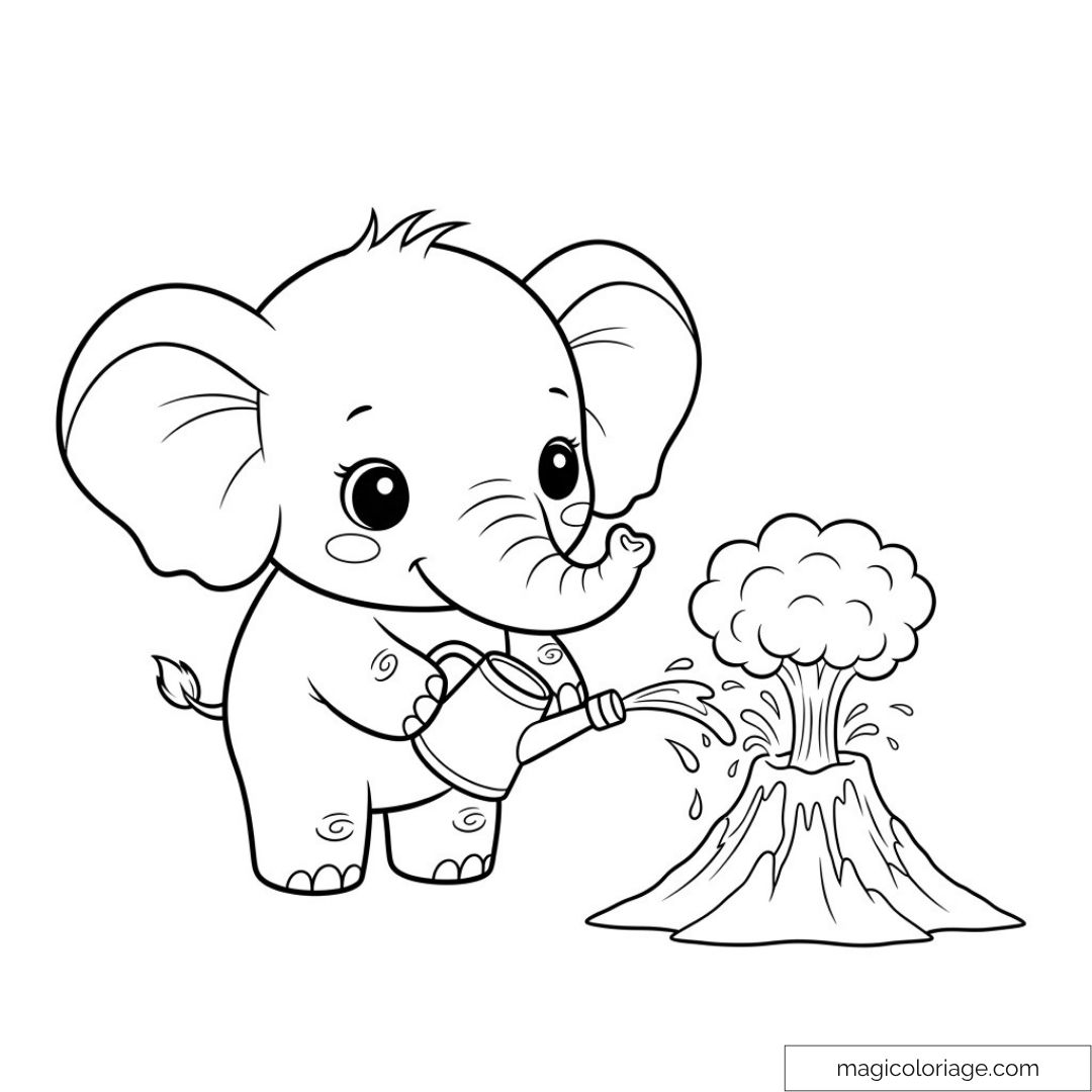 Dessin d'un éléphant mignon arrosant un mini volcan en éruption.