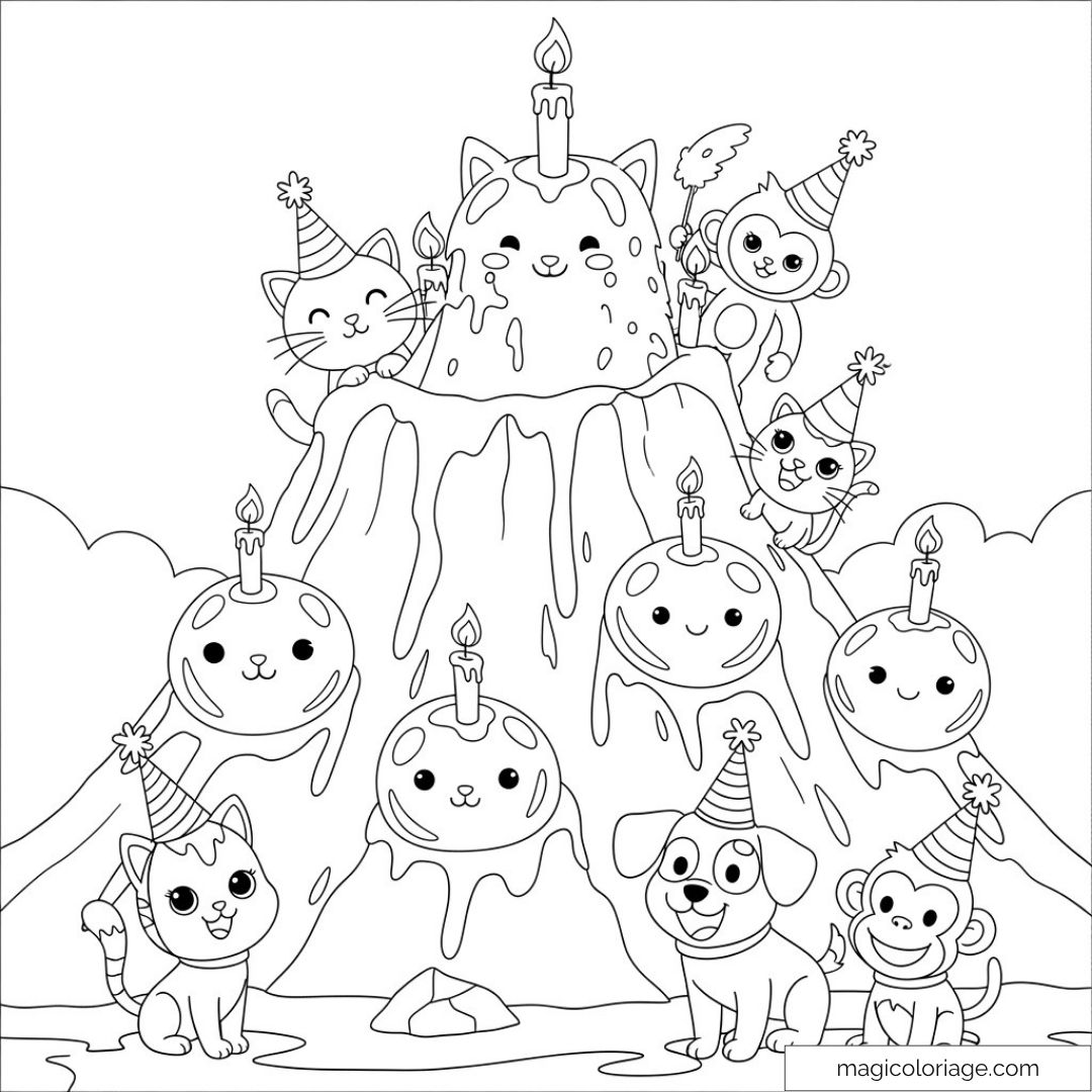 Dessin d'animaux festifs avec chapeaux de fête et gâteau