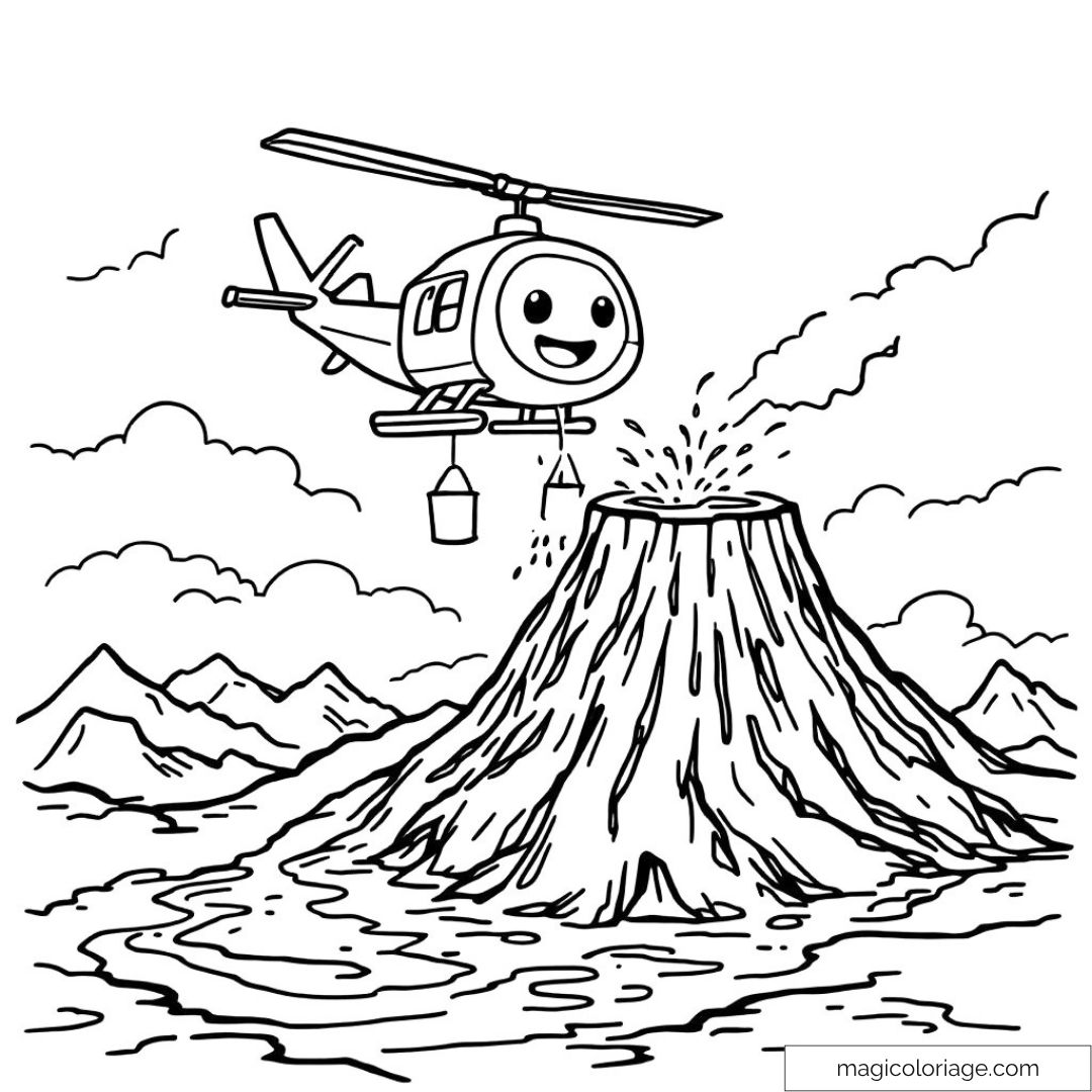 Hélicoptère souriant au-dessus d'un volcan en éruption avec montagnes