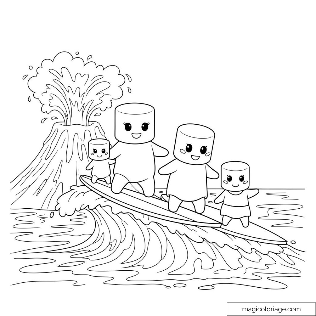 Famille de marshmallows surfe sur une vague
