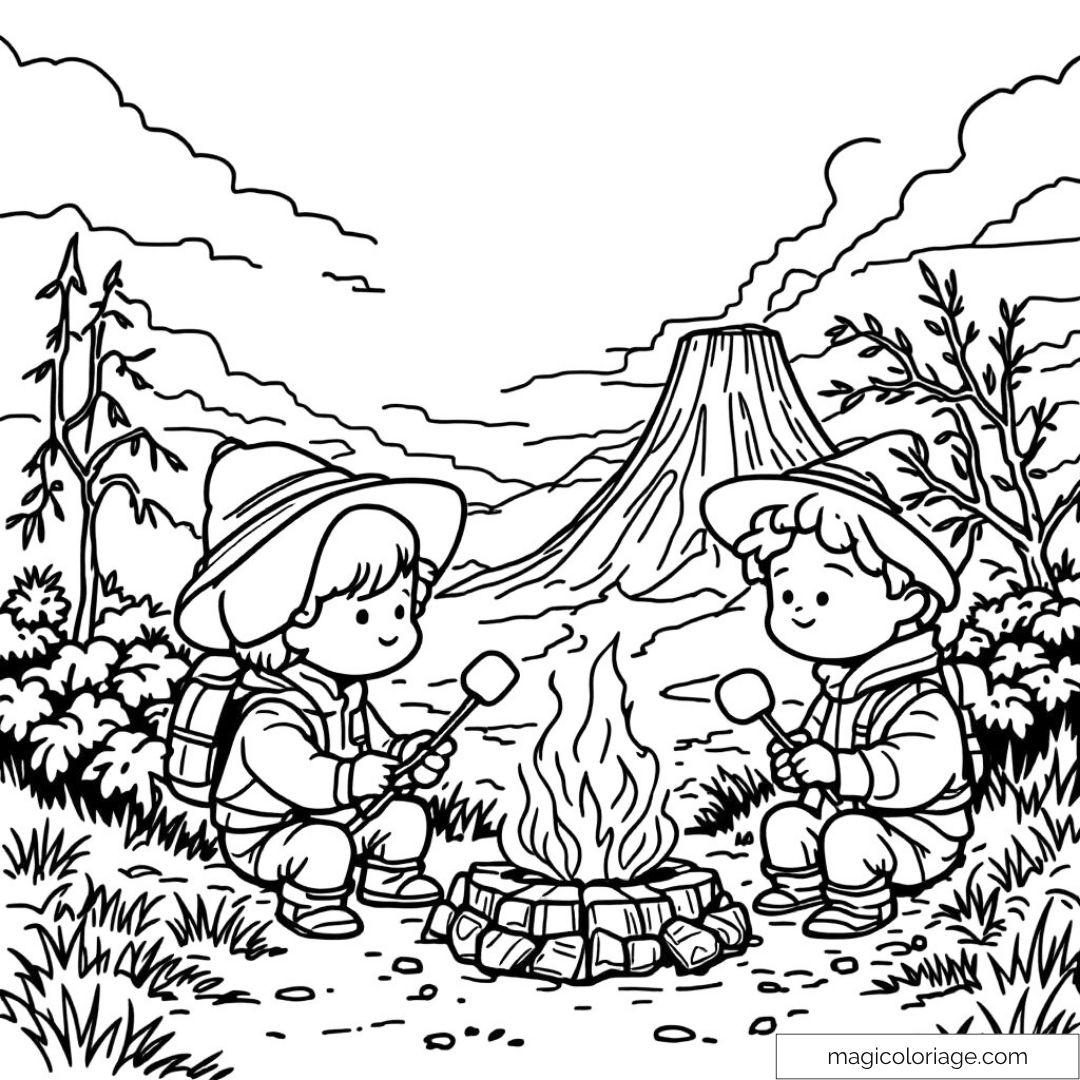 Dessin d'un campement avec deux enfants et un volcan.
