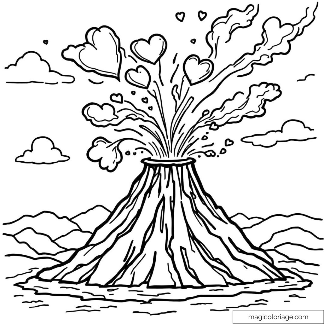 Dessin de volcan en éruption avec cœurs dans le ciel