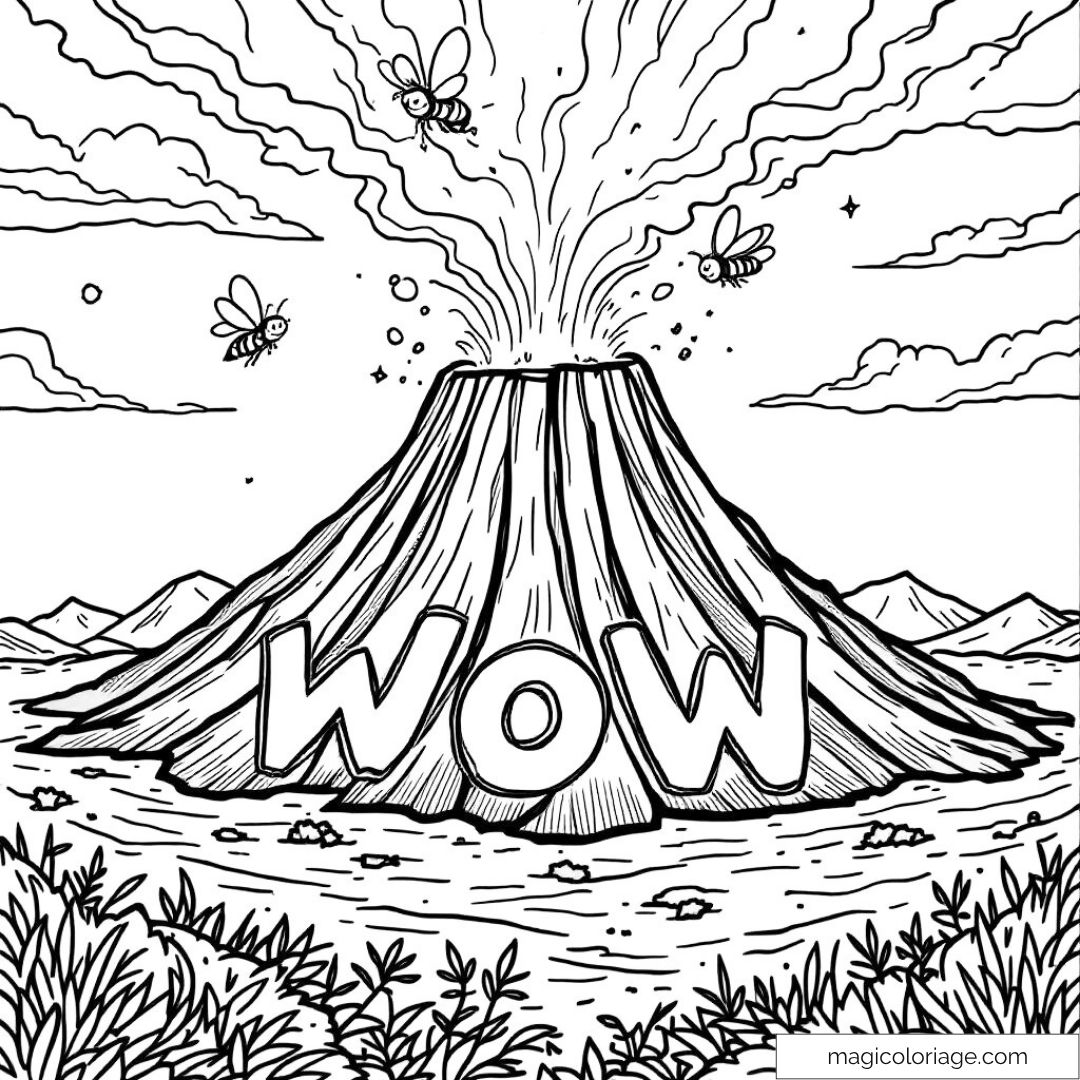 Volcan en éruption avec abeilles et texte "WOW".