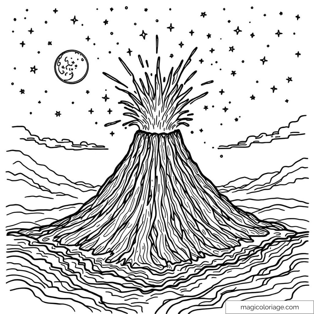 dessin de volcan en éruption la nuit avec ciel étoilé