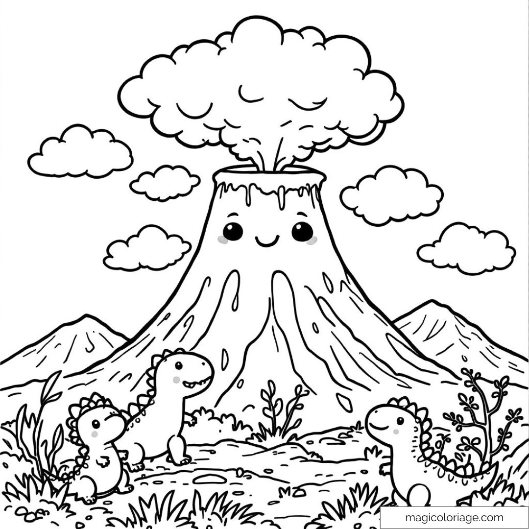 Dessin amusant de volcan souriant et dinosaures mignons à colorier