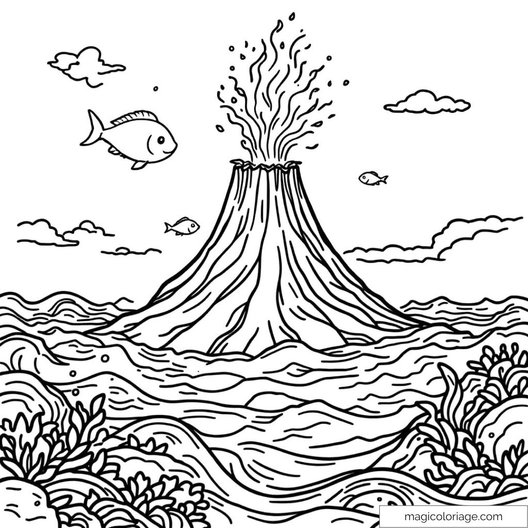 Dessin de volcan sous-marin en éruption avec poissons et coraux.