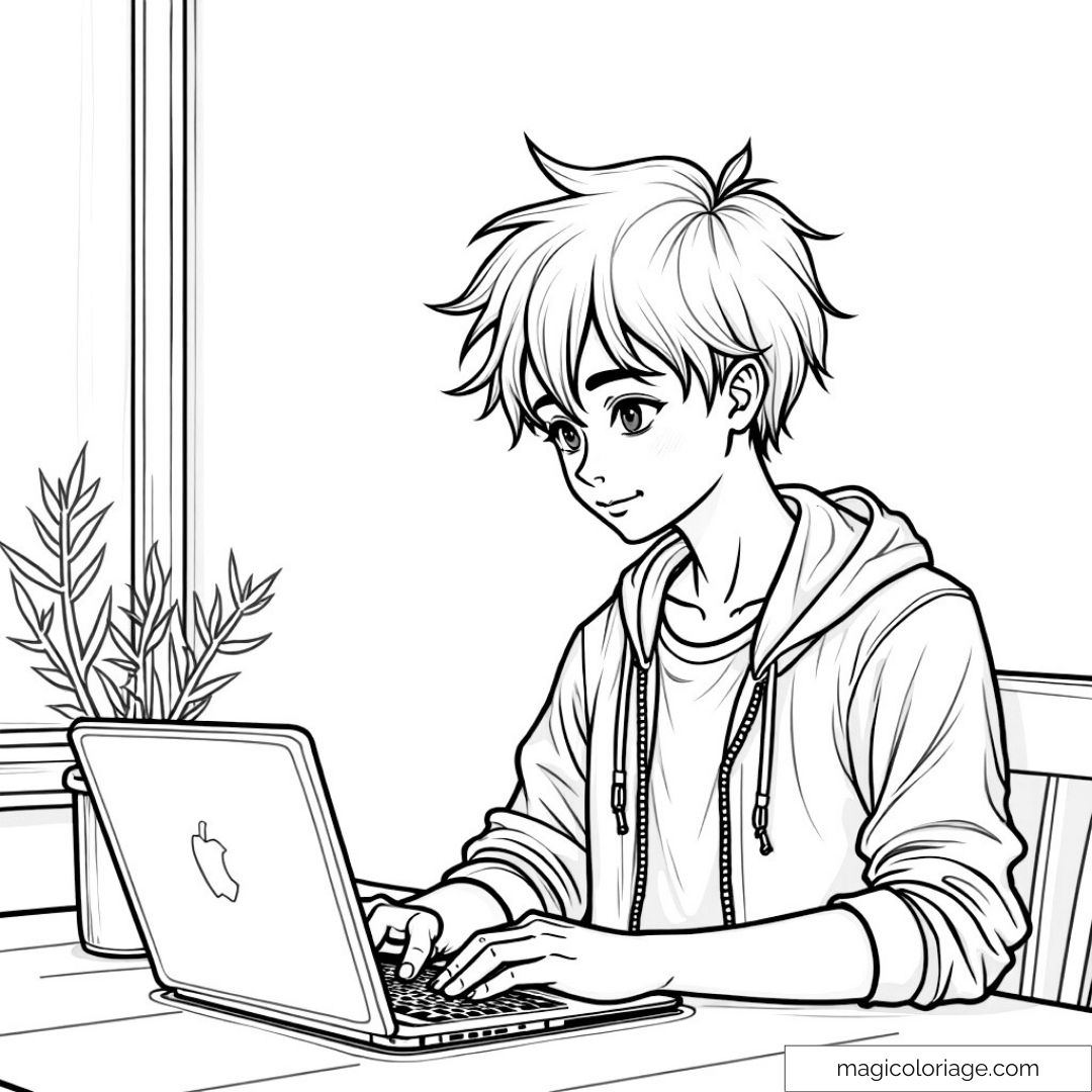 Coloriage d'un adolescent concentré sur son ordinateur portable.