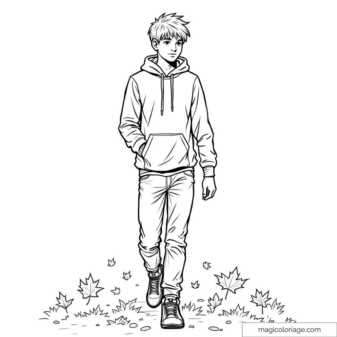 Adolescent marchant sur des feuilles d'automne