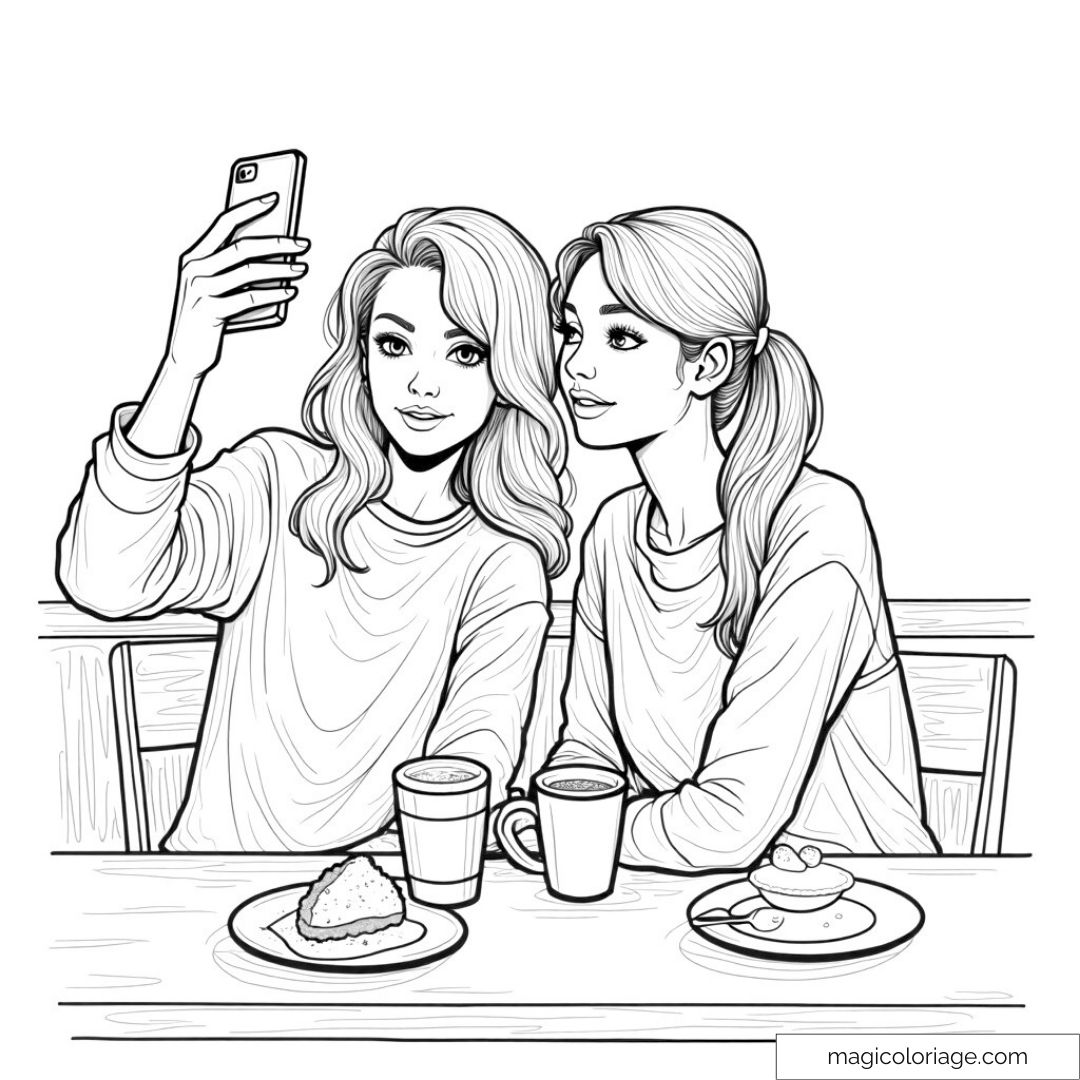 Deux amies prenant un selfie au café