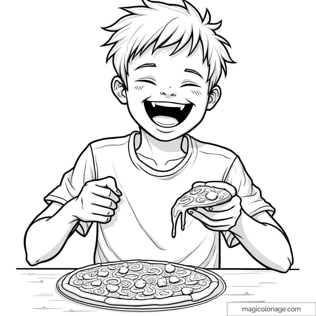 Garçon souriant mangeant une pizza