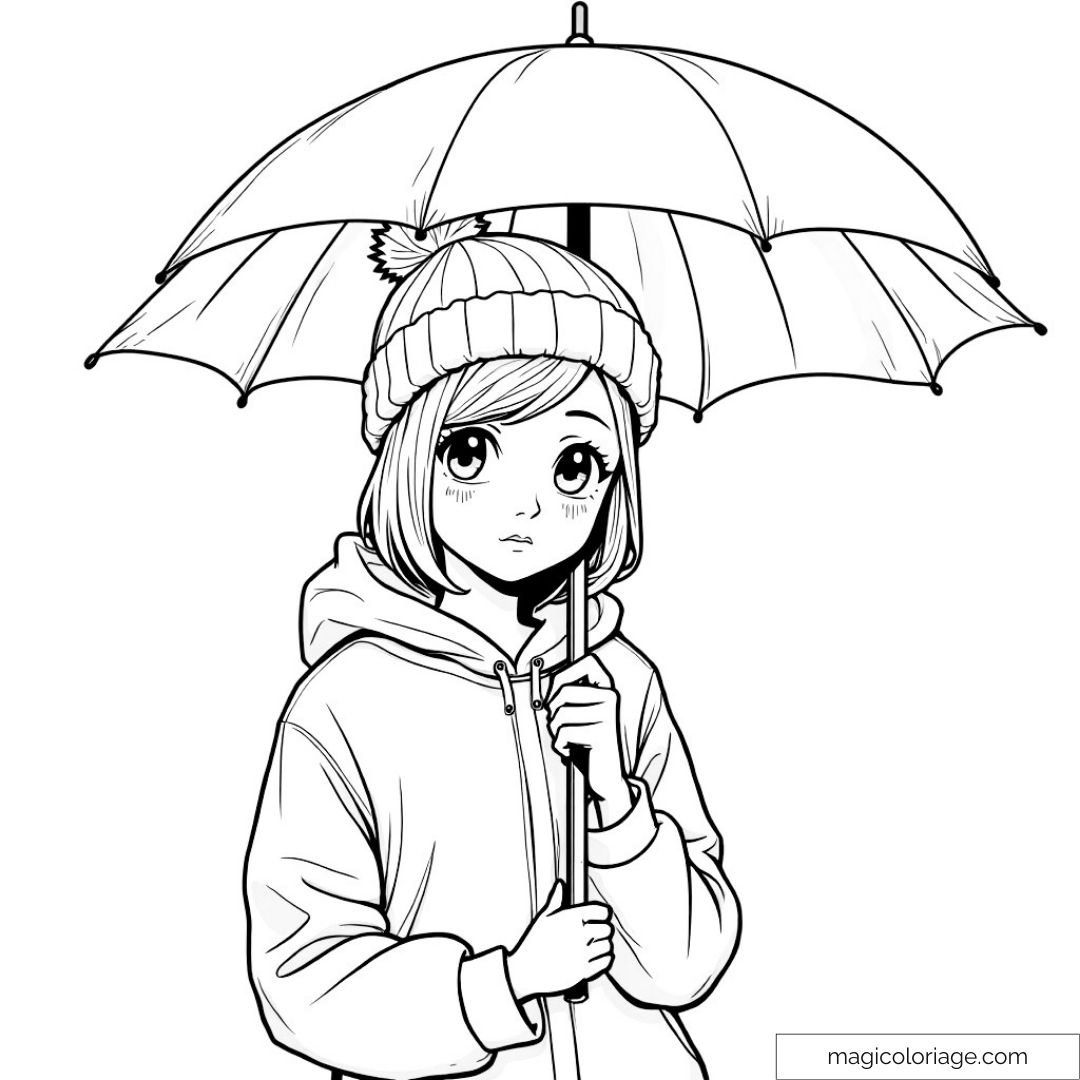 Anime fille avec manteau et parapluie à colorier