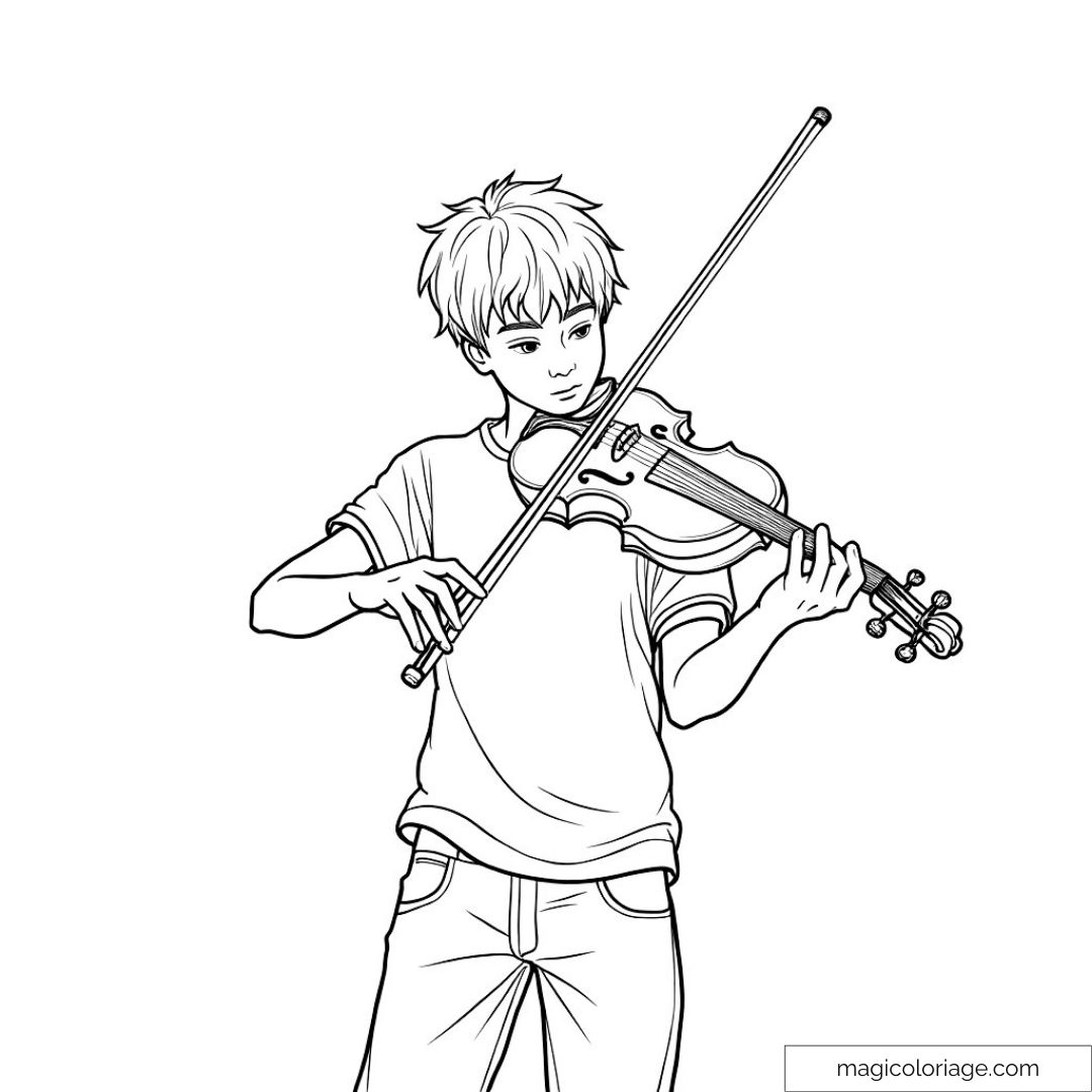 Dessin en noir et blanc d'un garçon jouant du violon