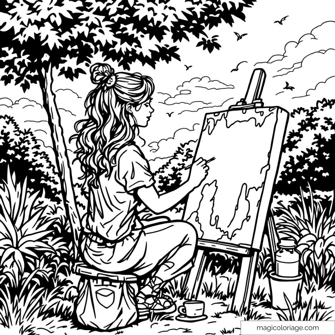 Dessin d'une femme peignant en plein air sous un arbre.