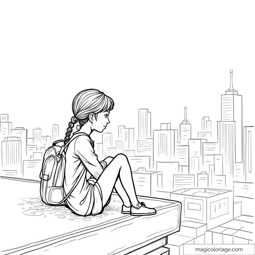Fillette assise sur un toit avec des gratte-ciels en arrière-plan.