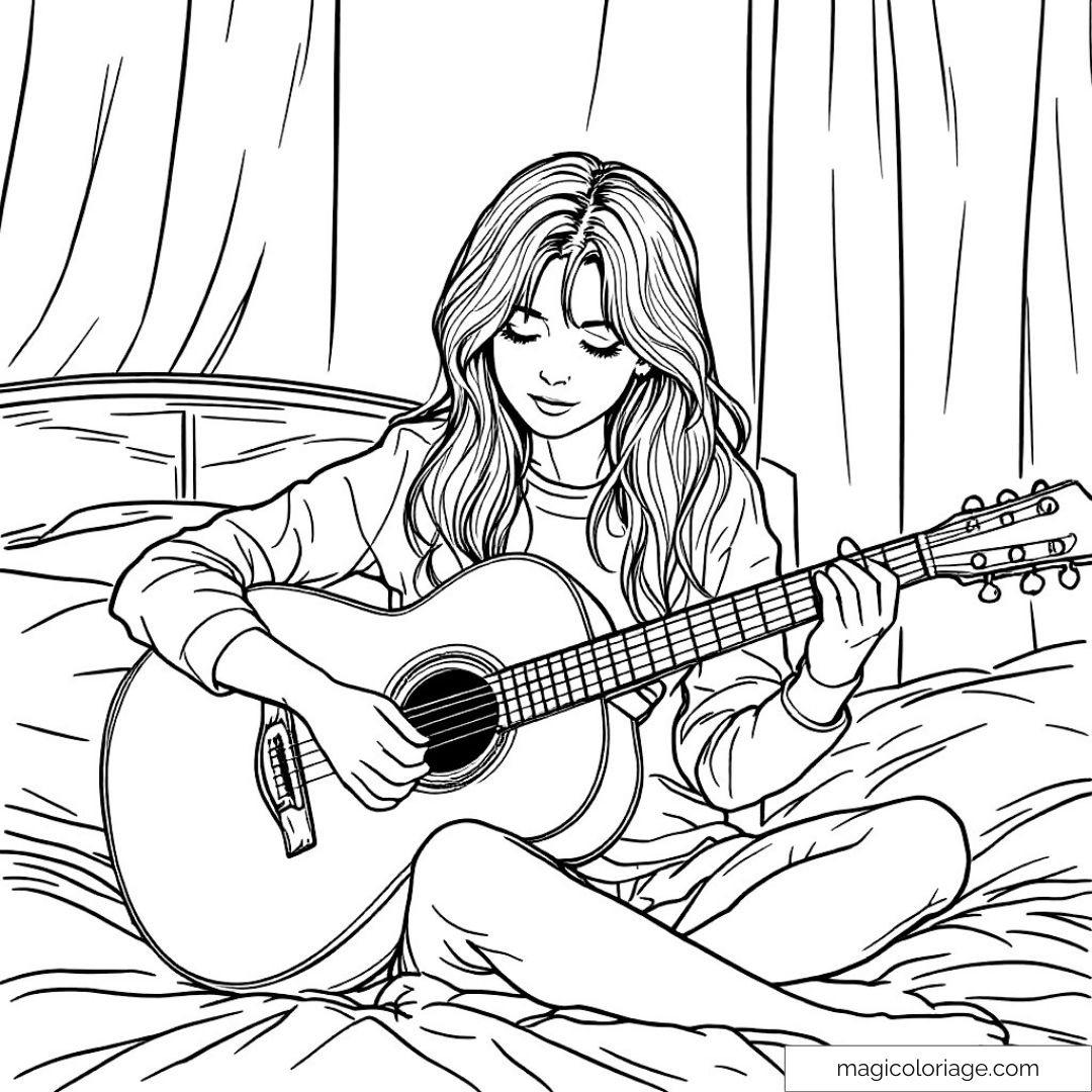 Jeune fille jouant de la guitare assise sur un lit