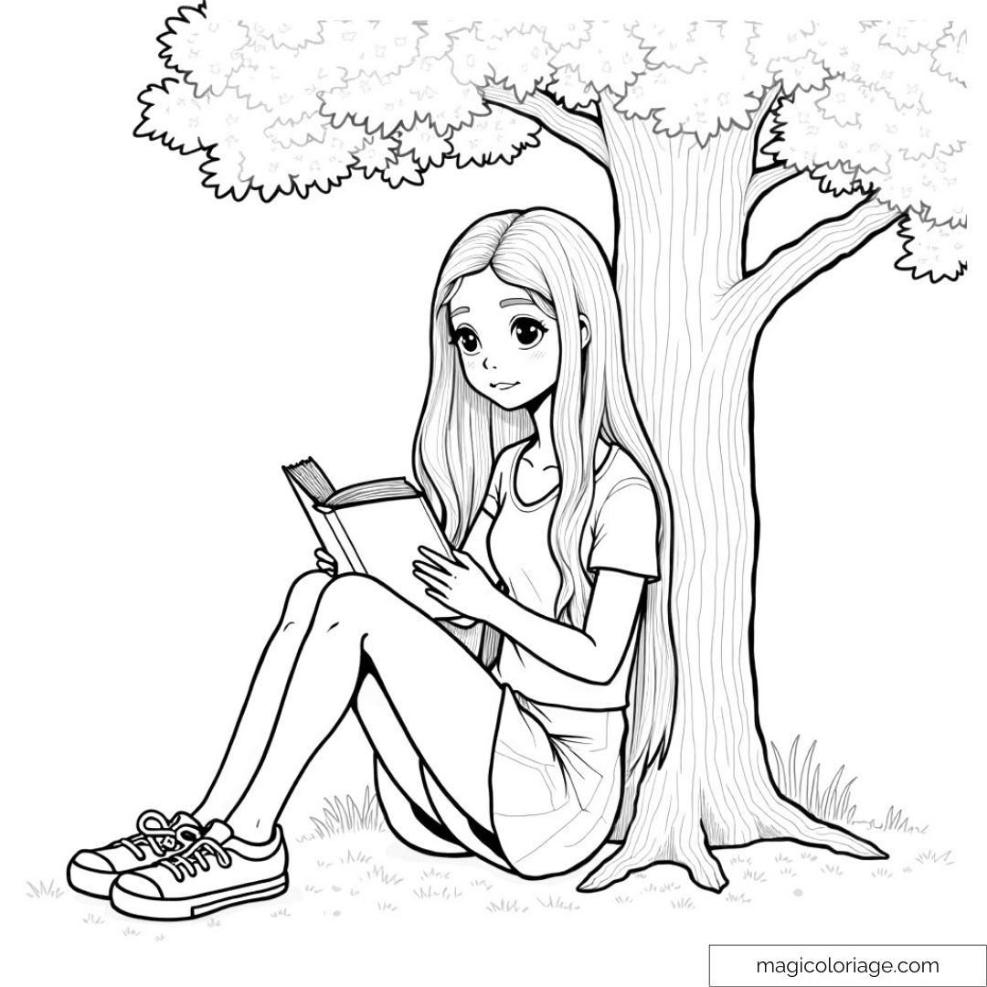 Dessin d'une fille lisant sous un arbre avec de longs cheveux
