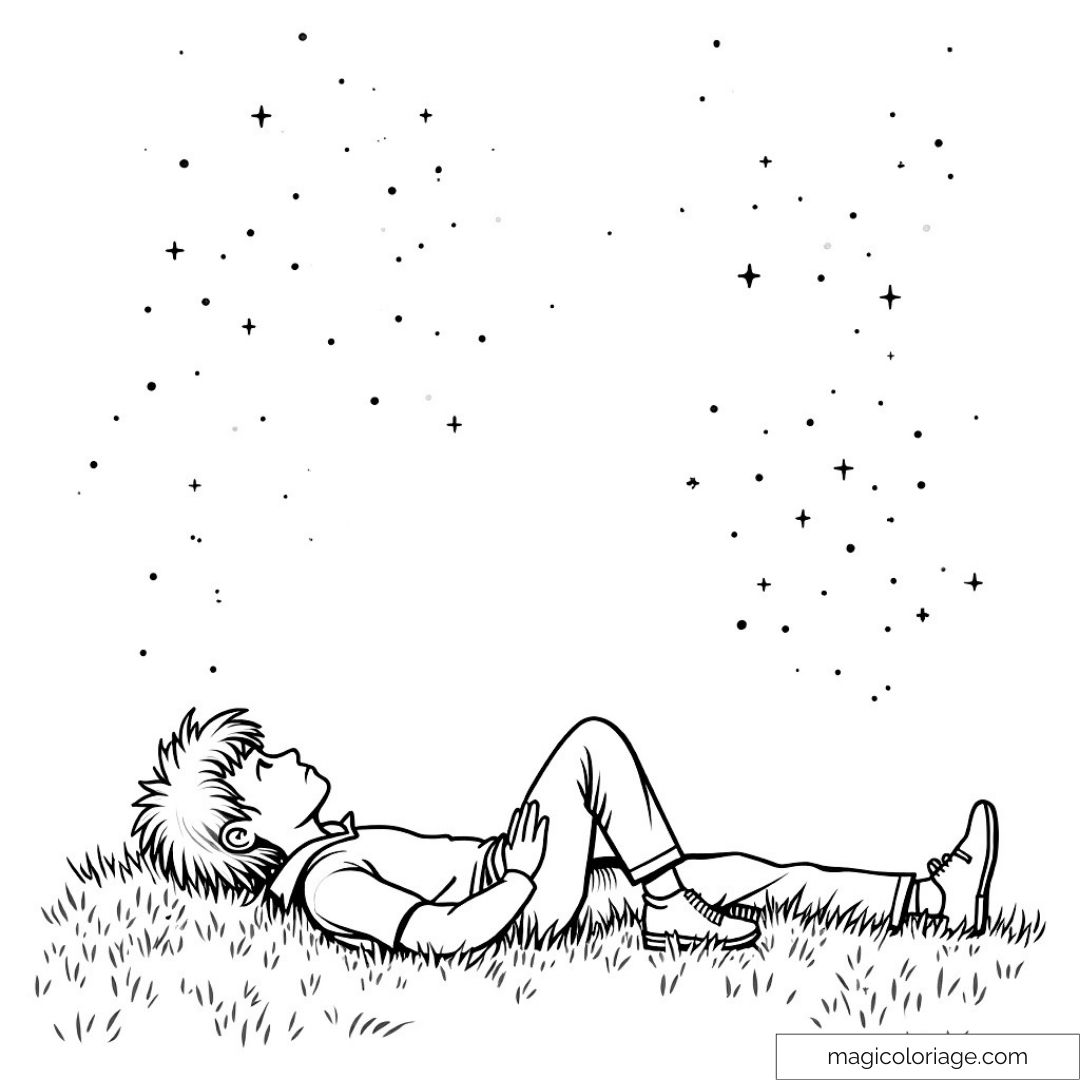 Enfant allongé sur l'herbe regardant les étoiles dans le ciel.