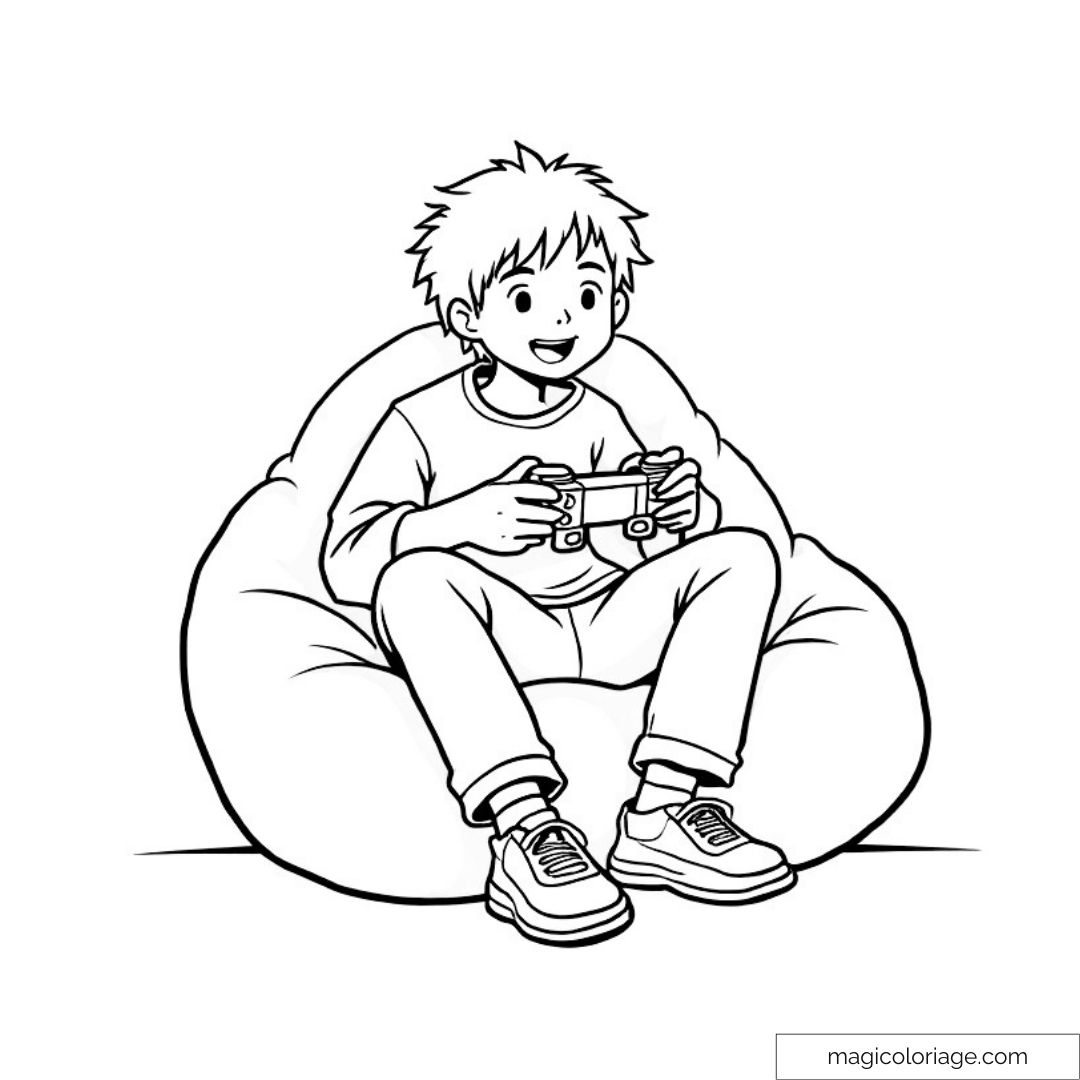 Enfant avec manette de jeu vidéo assis sur un pouf