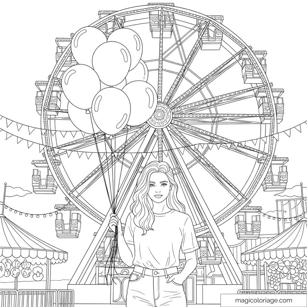 Dessin de grande roue avec femme et ballons