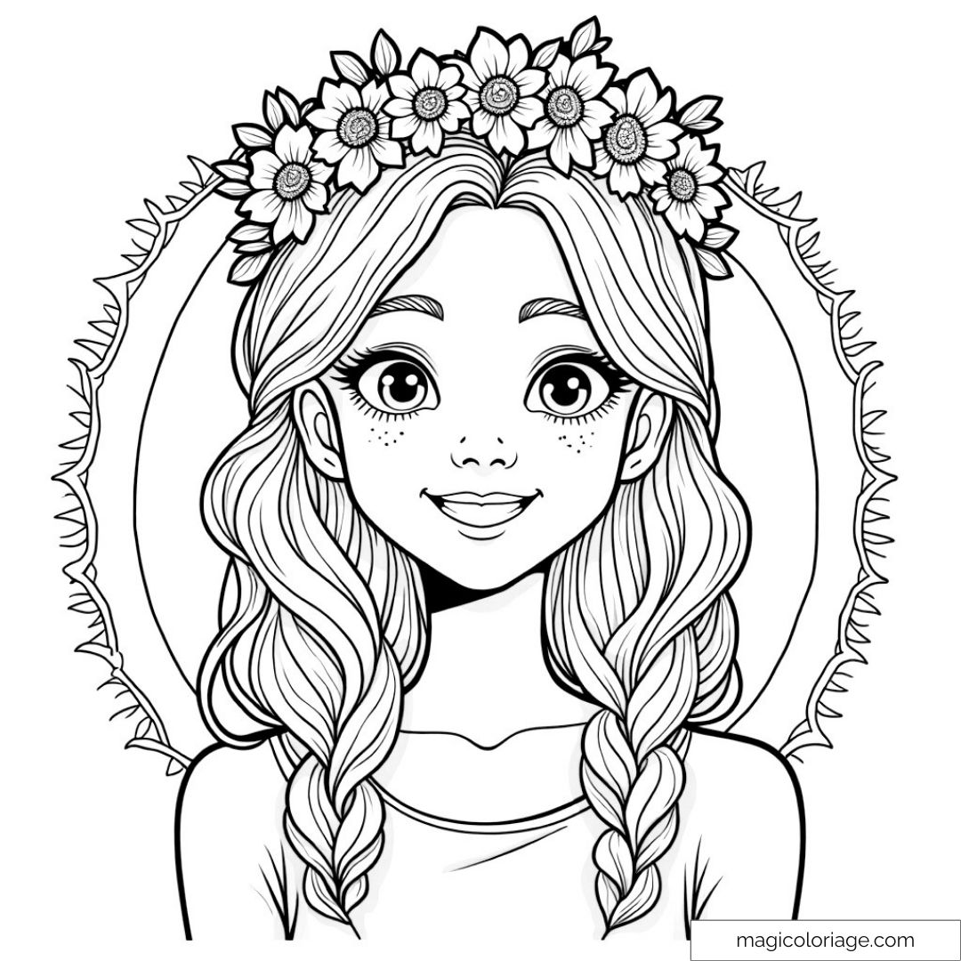 Dessin d'une jeune fille avec couronne de fleurs à colorier.