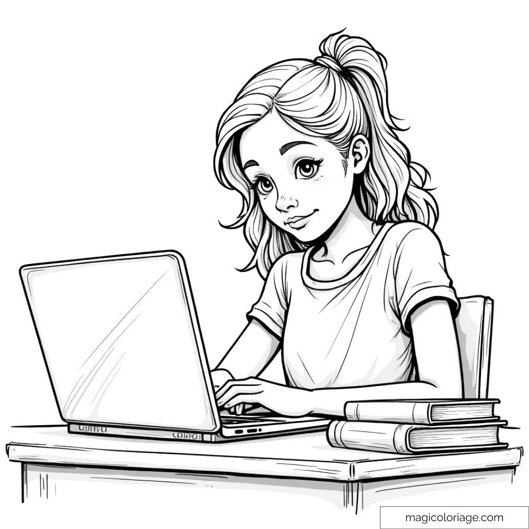Illustration d'une fille devant un ordinateur