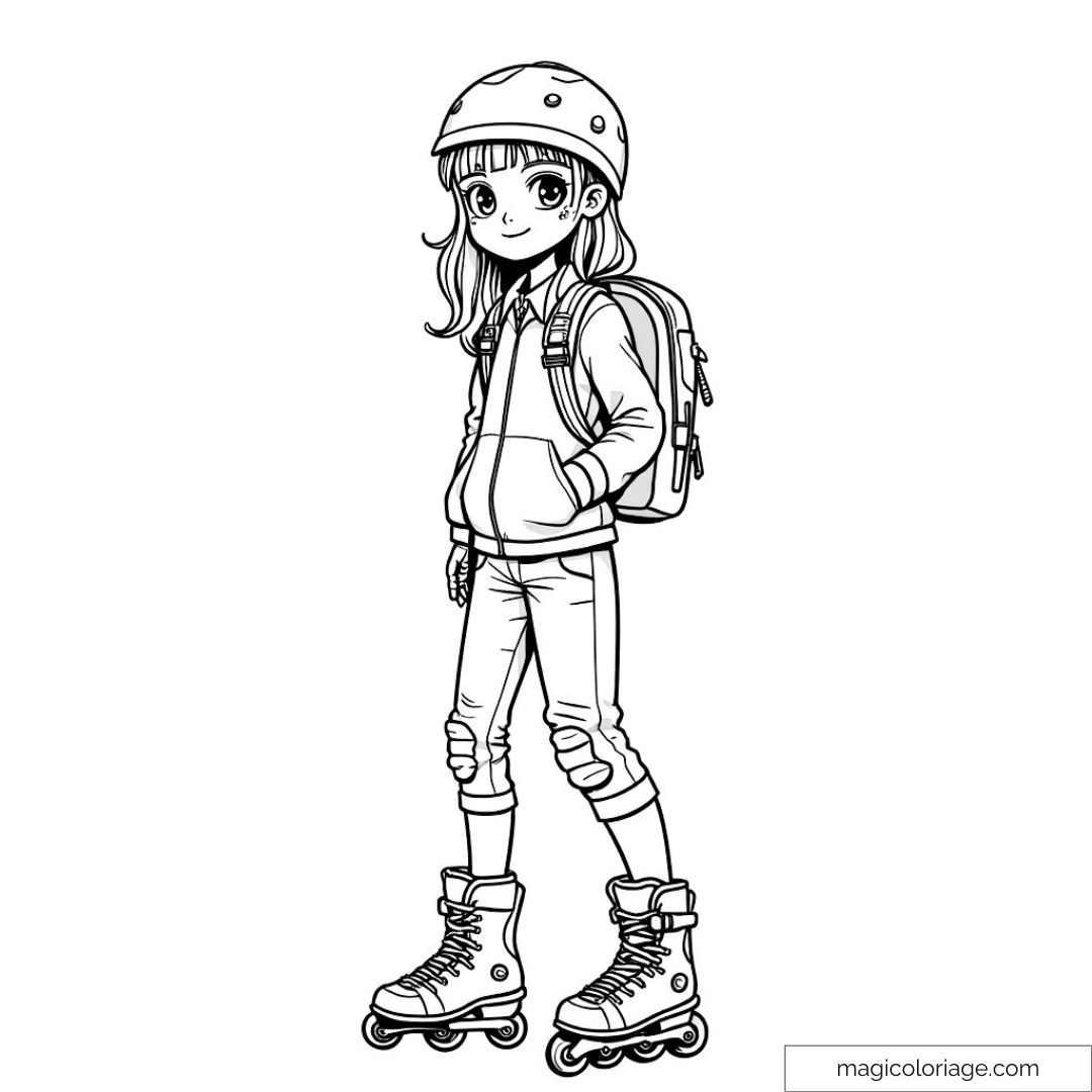 Dessin de fille en rollers avec casque et sac à dos à colorier