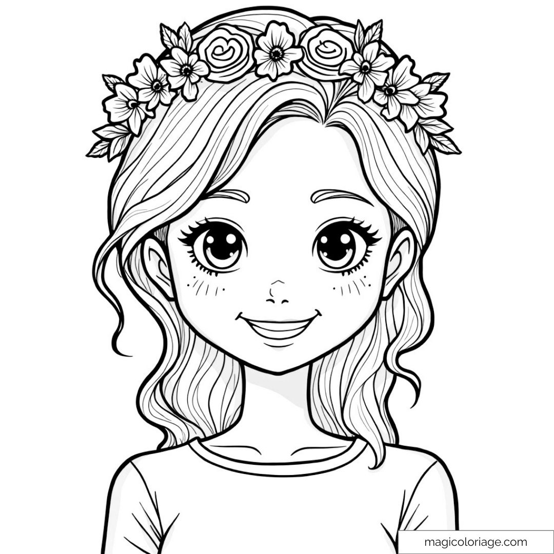 Dessin d'une fille souriante avec couronne de fleurs