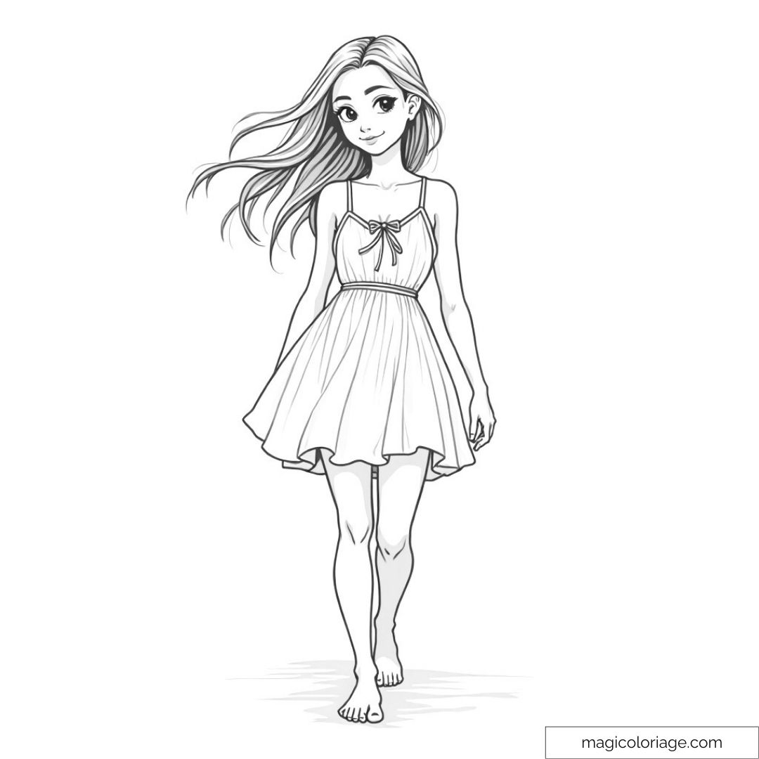 Dessin fille en robe d'été avec cheveux au vent à colorier