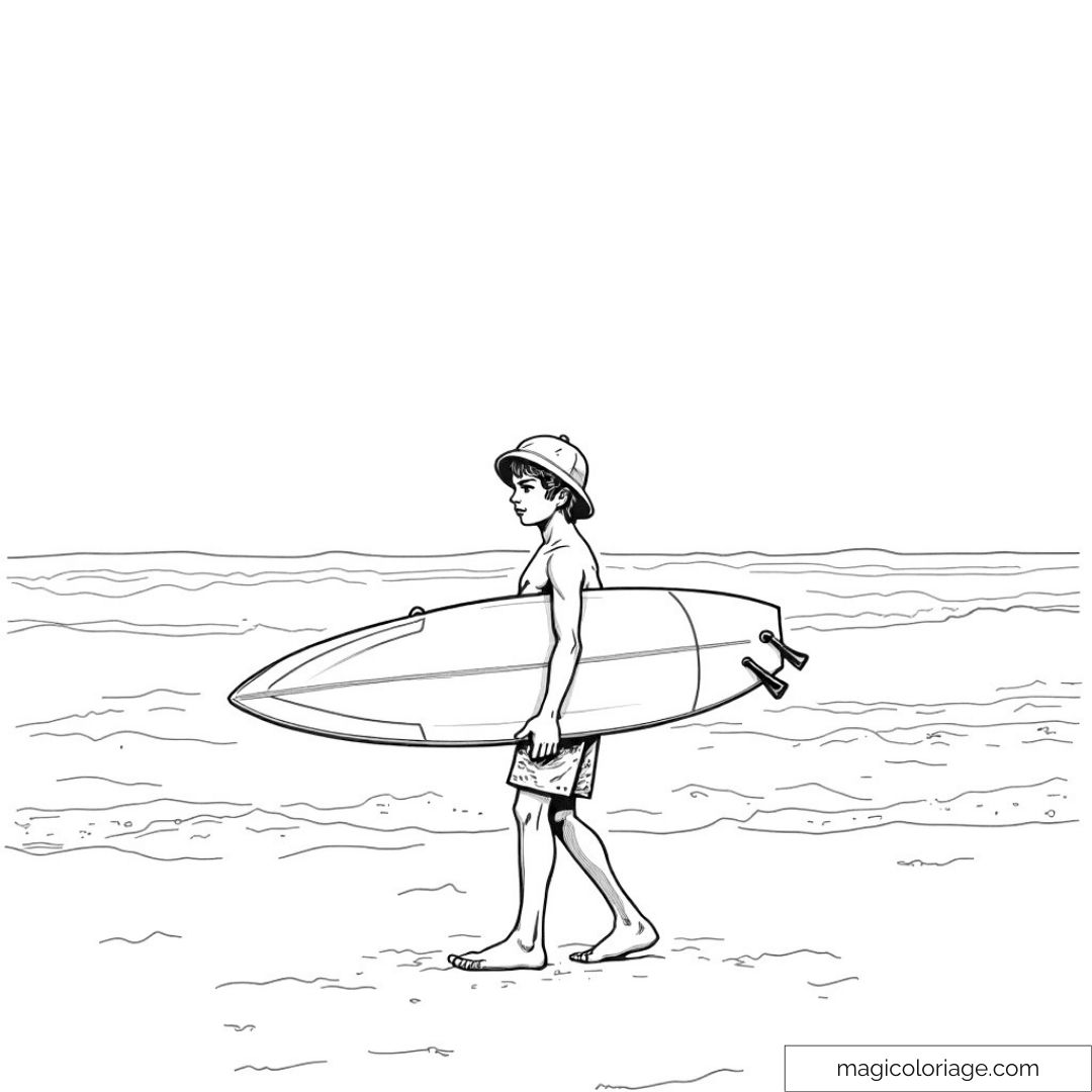 Garçon marchant avec planche de surf sur la plage