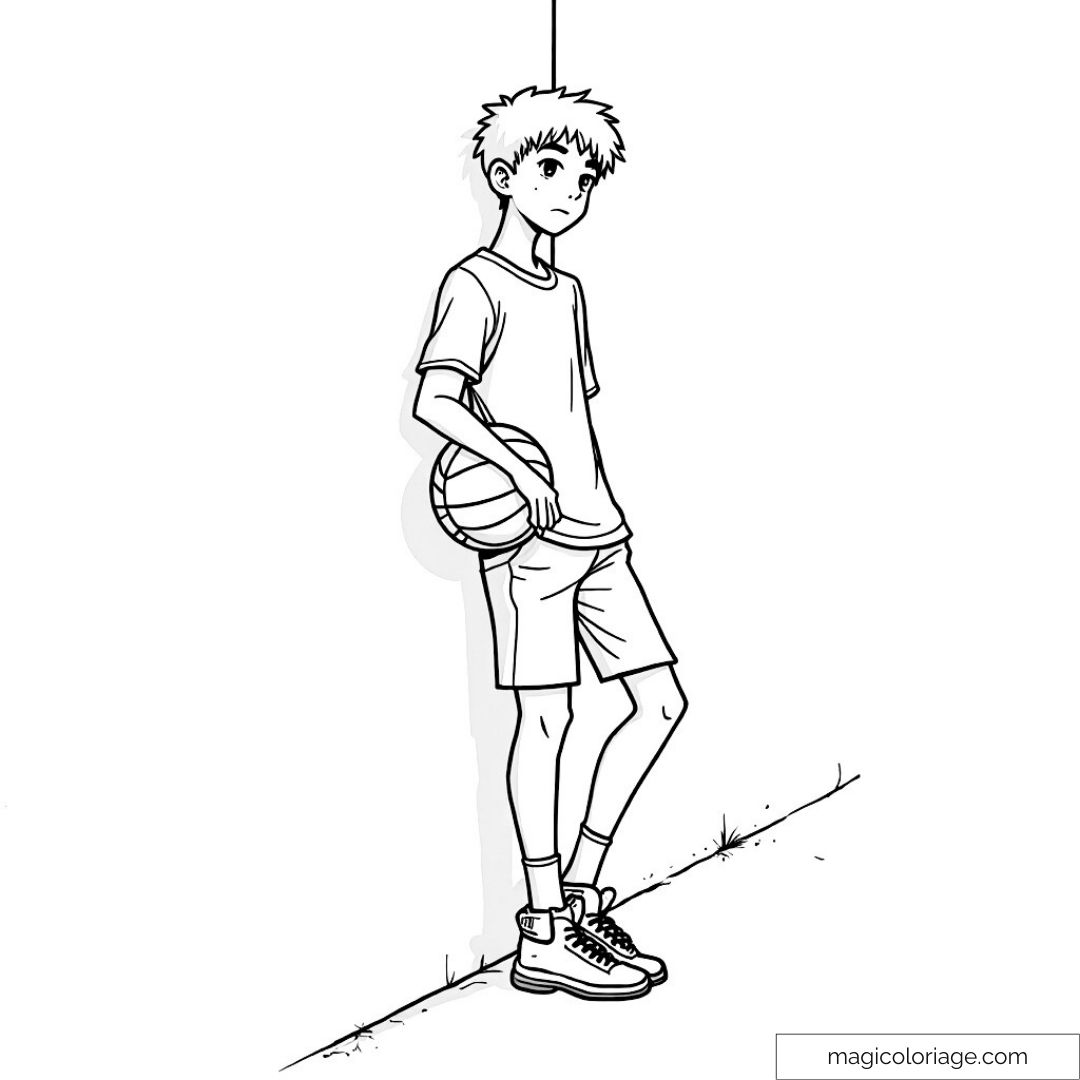 Jeune garçon avec ballon de basket adossé à un mur