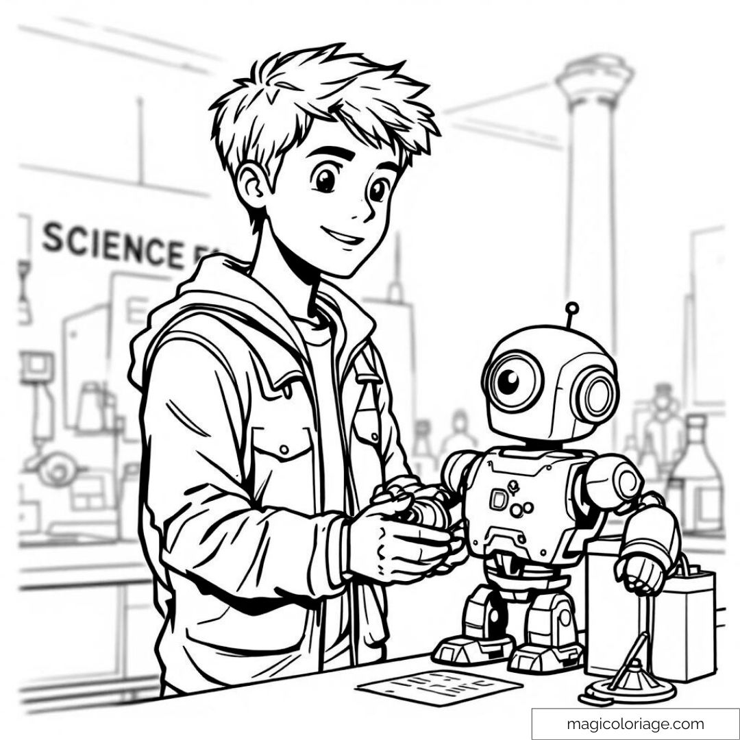 Enfant souriant avec un petit robot dans un laboratoire scientifique.