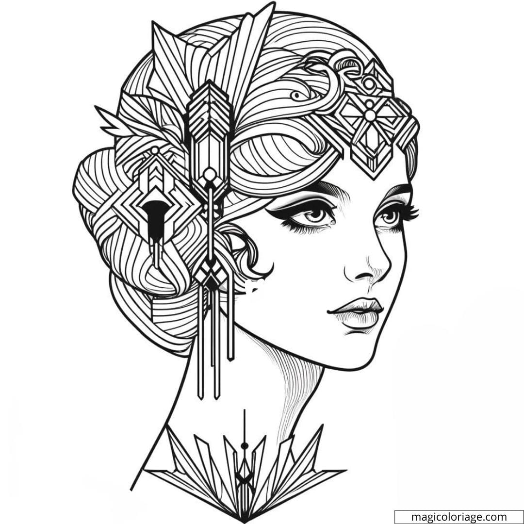 Portrait féminin dans le style Art Déco avec bijoux stylisés à colorier