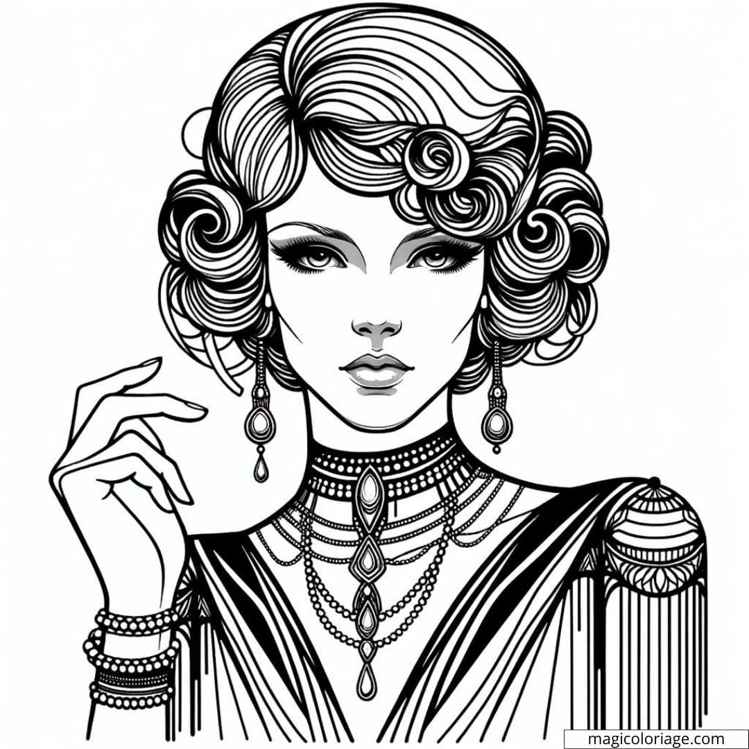 Portrait féminin stylisé dans le style Art Déco à colorier