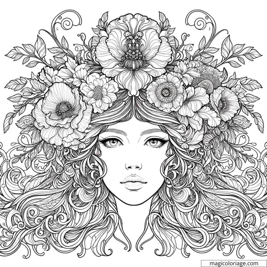 Portrait de femme Art Nouveau entouré de motifs floraux à colorier