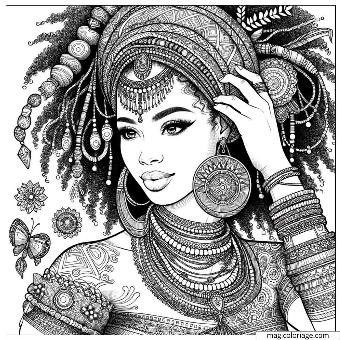Portrait féminin célébrant la beauté africaine à colorier