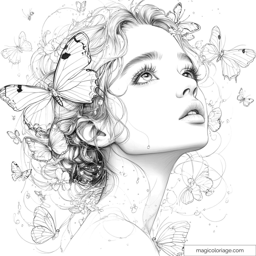 Femme entourée de papillons à colorier