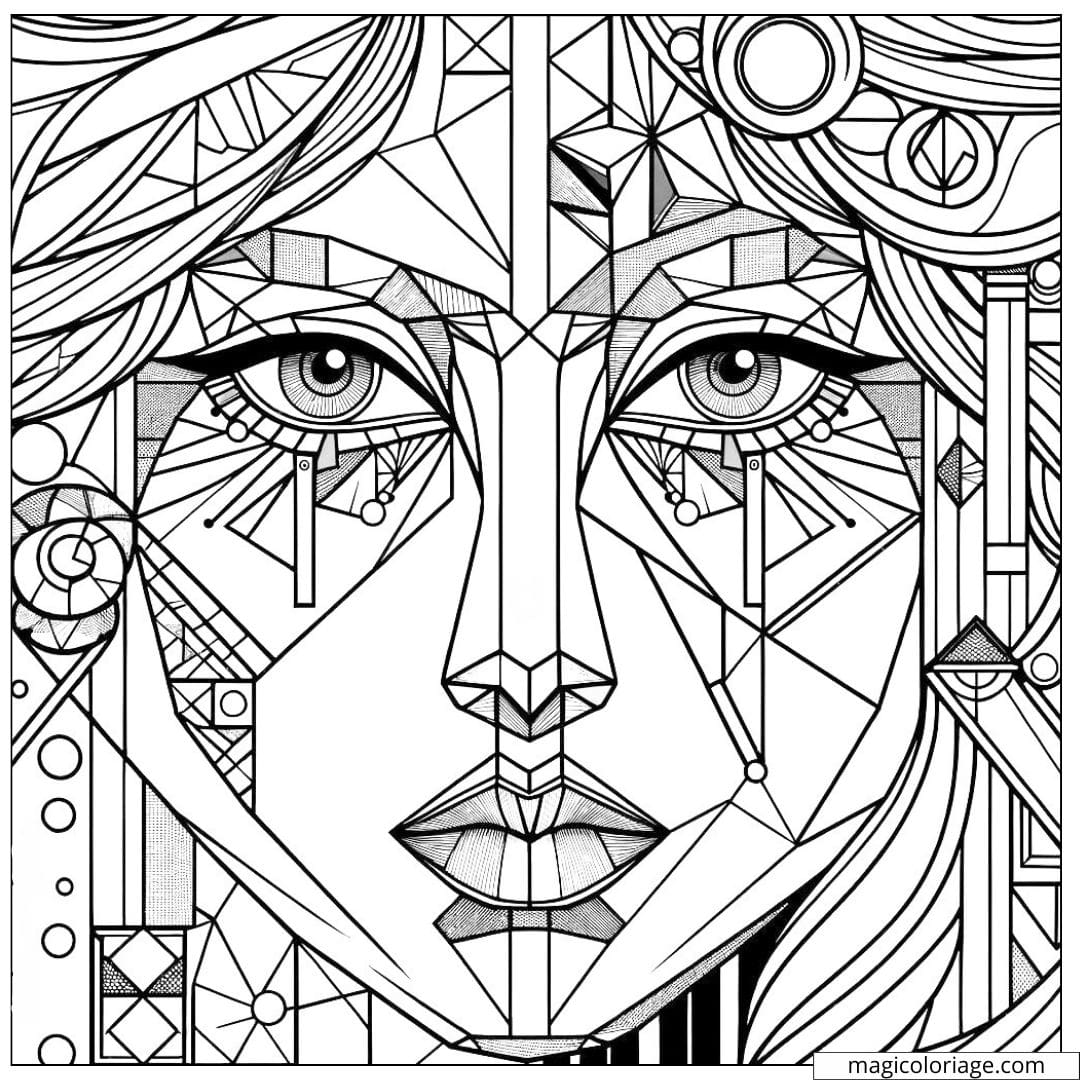Portrait féminin cubiste composé de formes géométriques à colorier