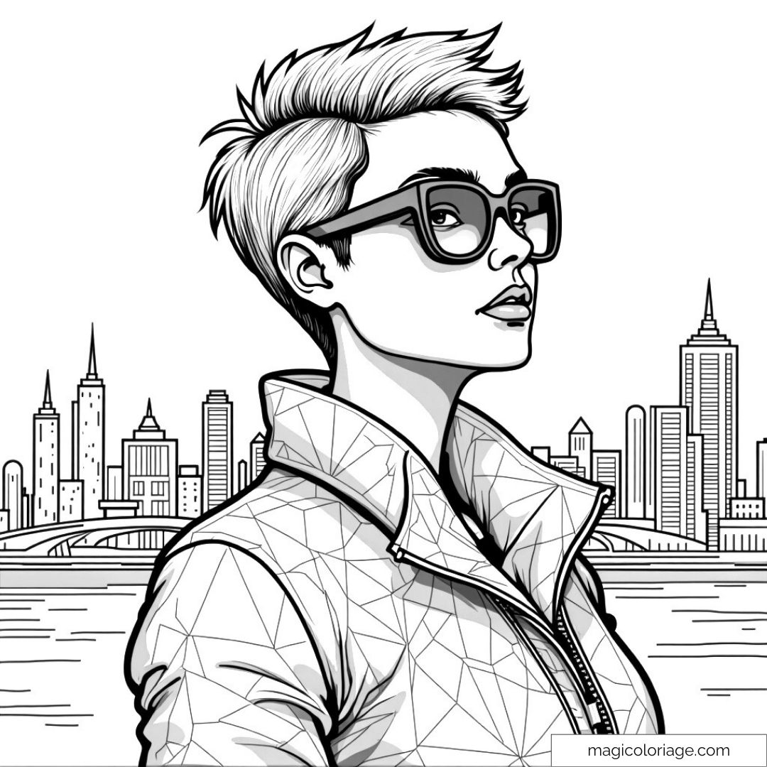 Image d'un personnage élégant avec des lunettes et une skyline en arrière-plan.