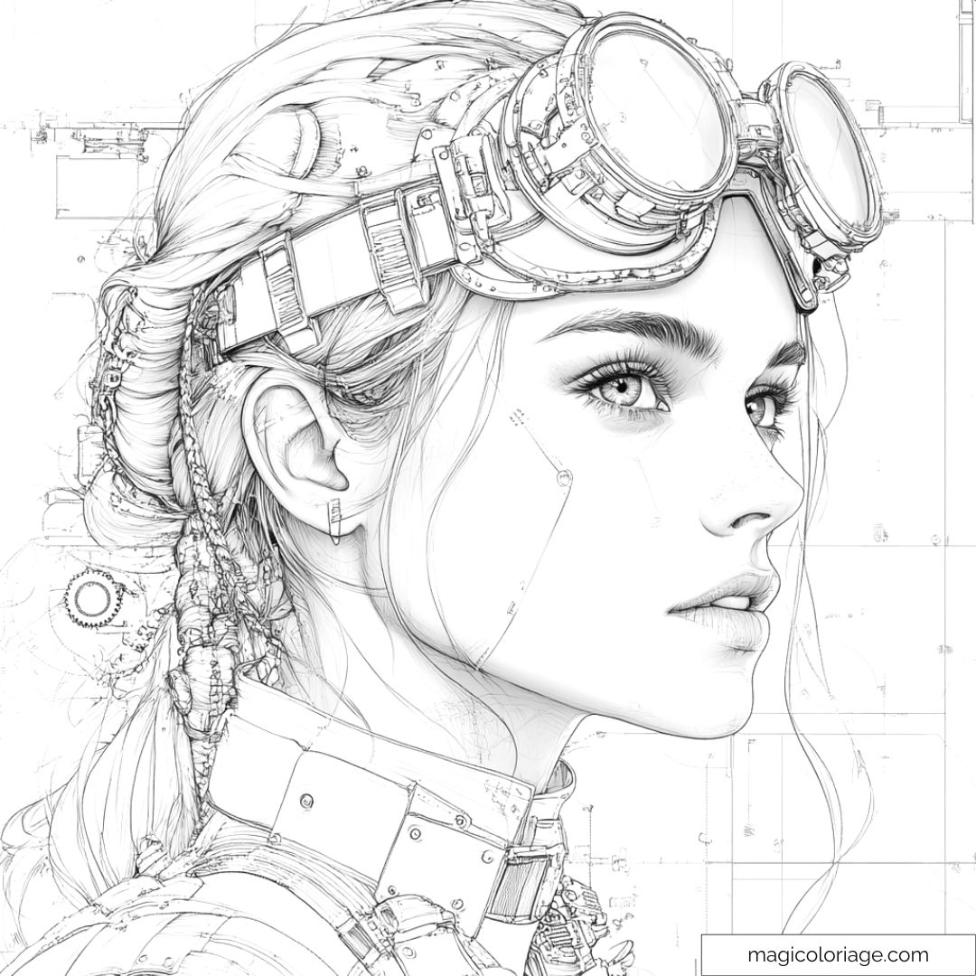 Femme steampunk avec lunettes futuristes et coiffure détaillée.