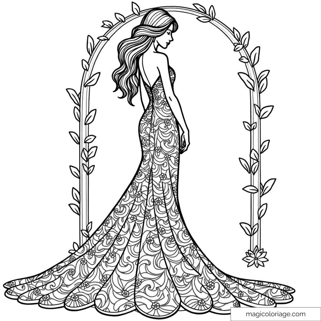 Robe de soirée ornée de motifs floraux à colorier.