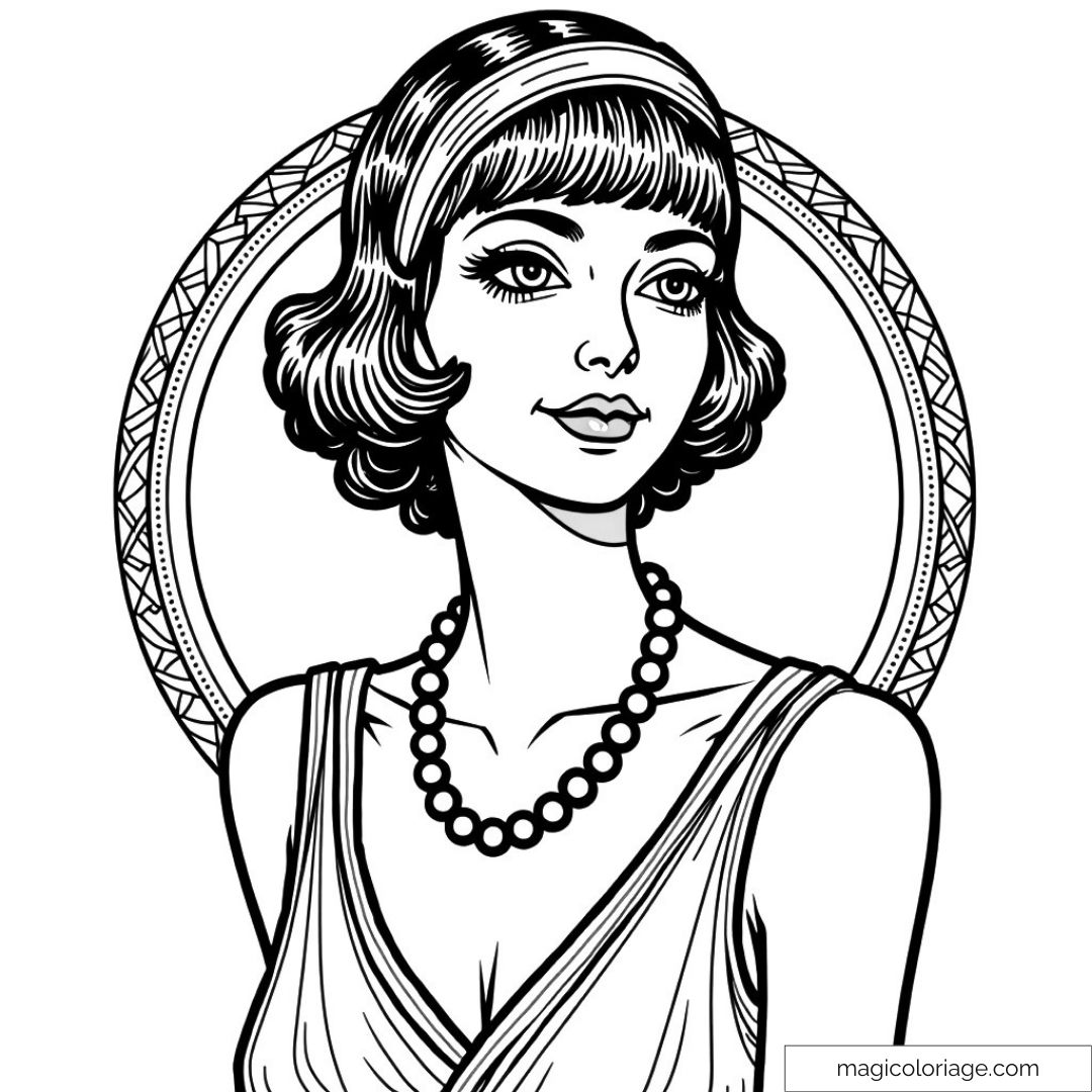Dessin vintage d'une femme des années 1920 avec perles et bandeau