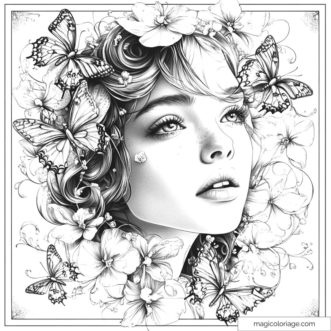 Dessin de visage féminin entouré de papillons et fleurs pour coloriage