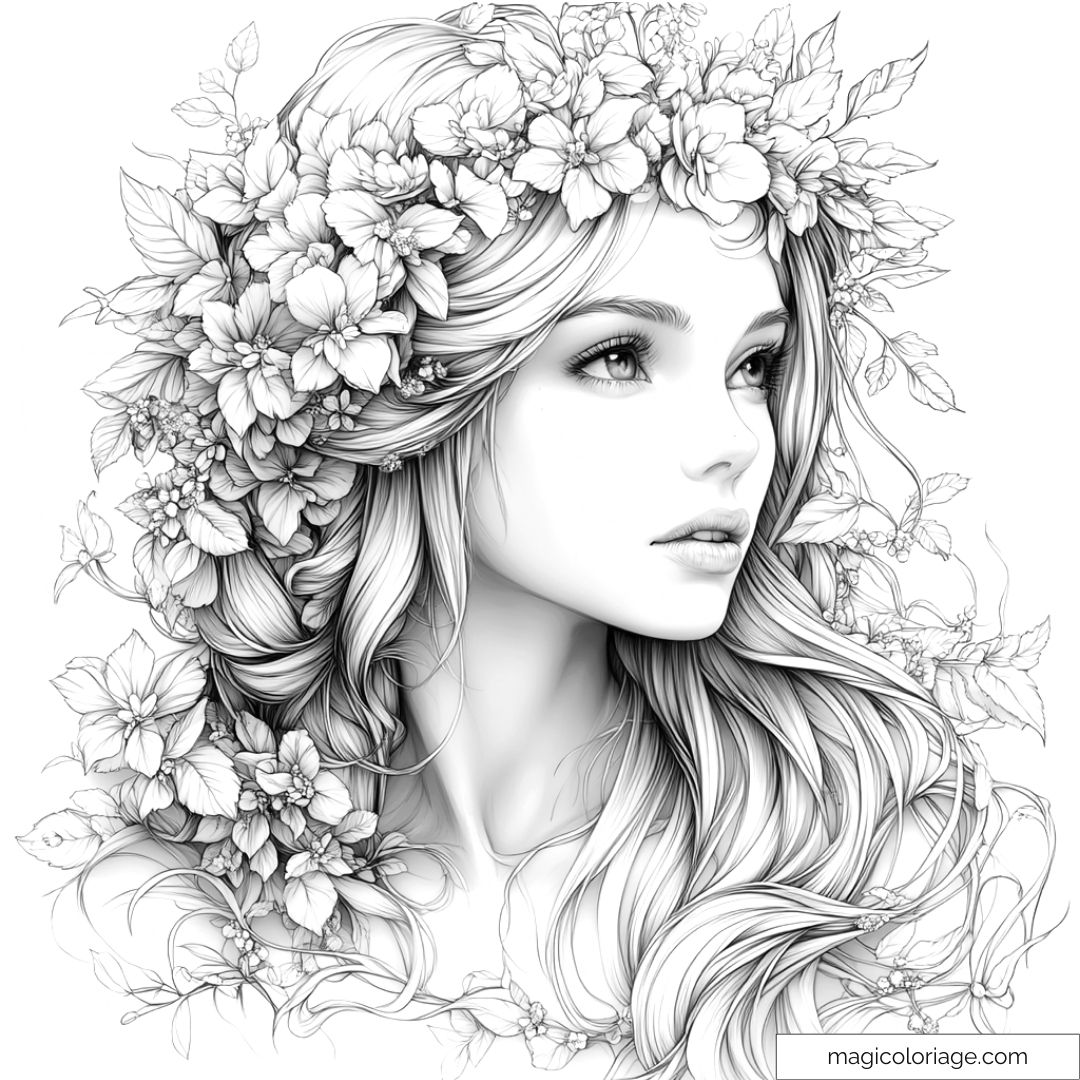 Dessin détaillé de fée avec couronne de fleurs à colorier.