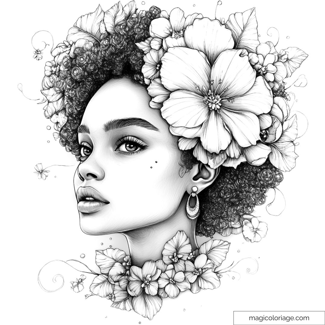 Illustration détaillée d'une femme avec des fleurs dans ses cheveux.