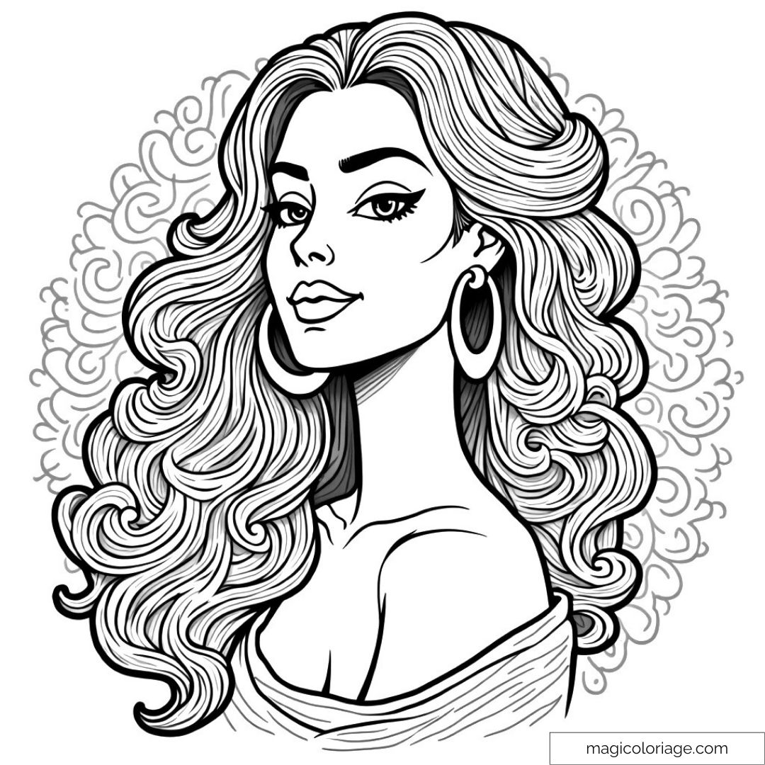 Dessin femme élégante avec cheveux ondulés et boucles décoratives.