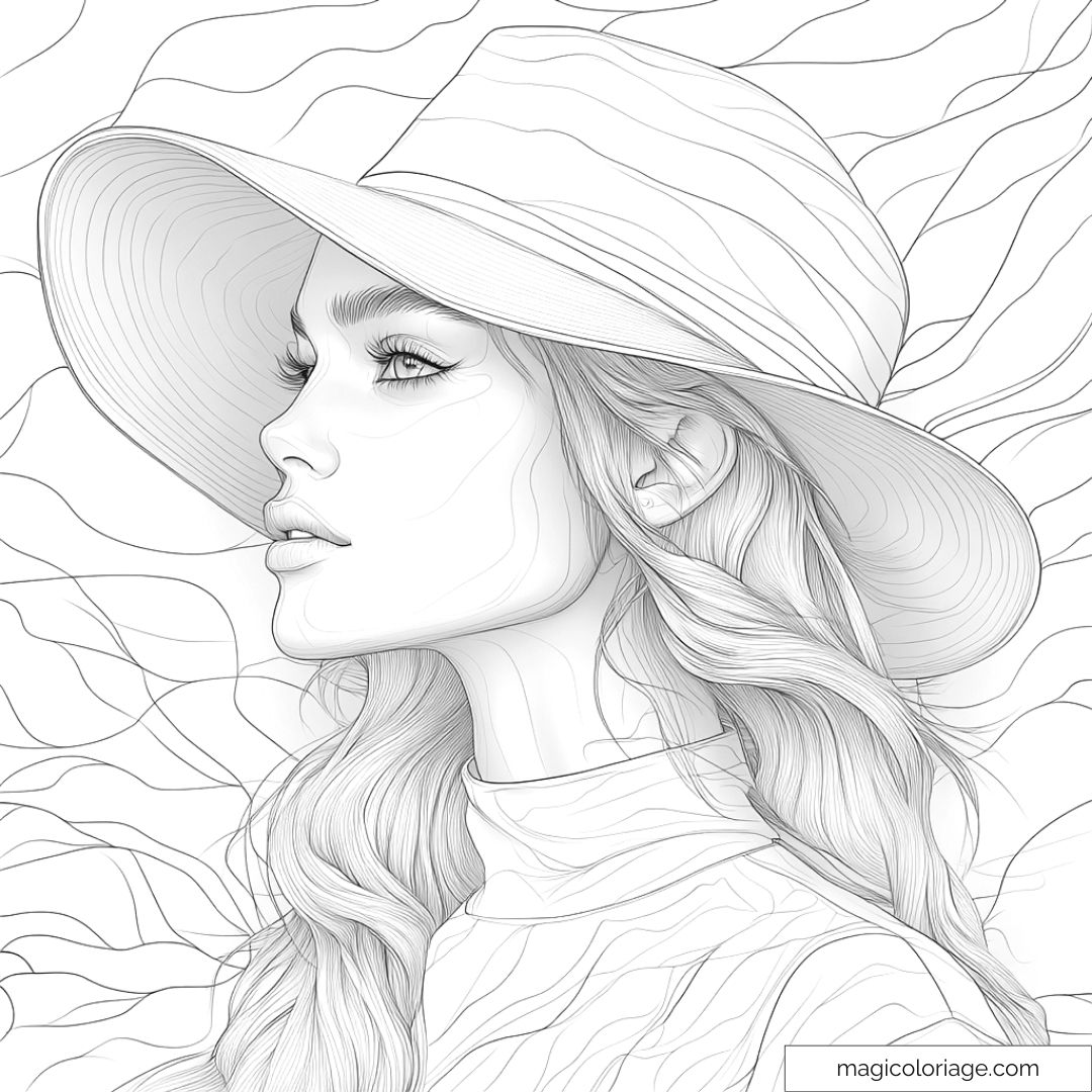 Dessin à colorier d'une femme élégante portant un chapeau